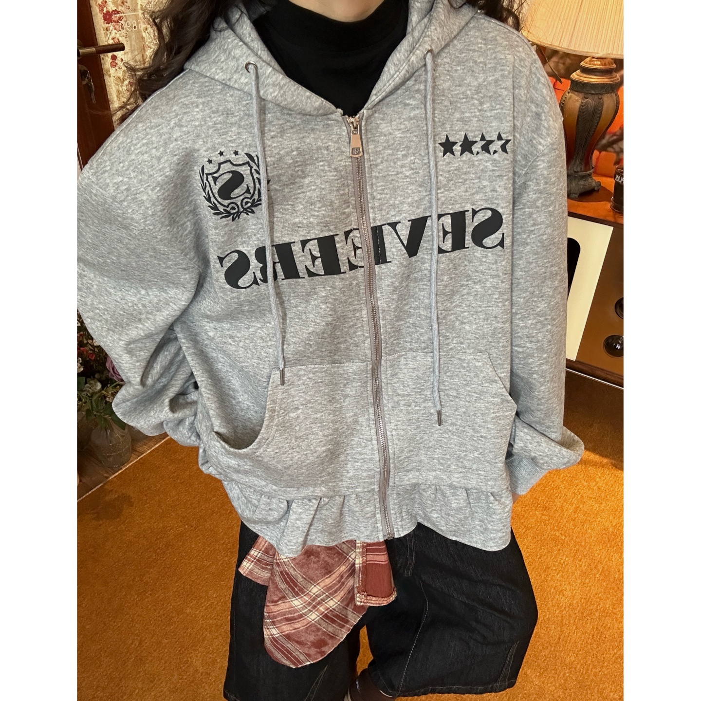 C2自制/美式复古假两件拼接格子连帽卫衣女秋季宽松休闲百搭外套