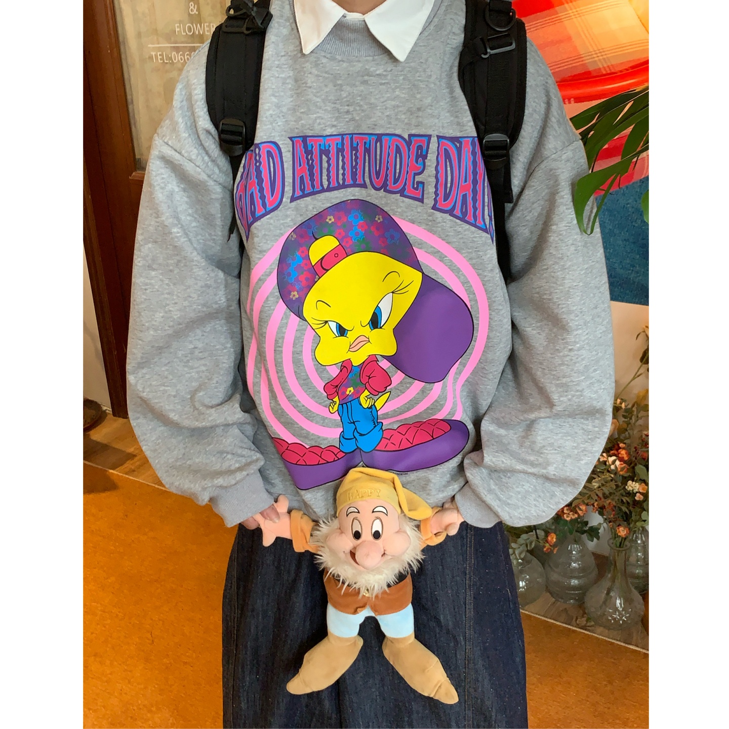 C2自制/美式复古卡通小黄鸭印花圆领卫衣男女同款宽松百搭上衣潮