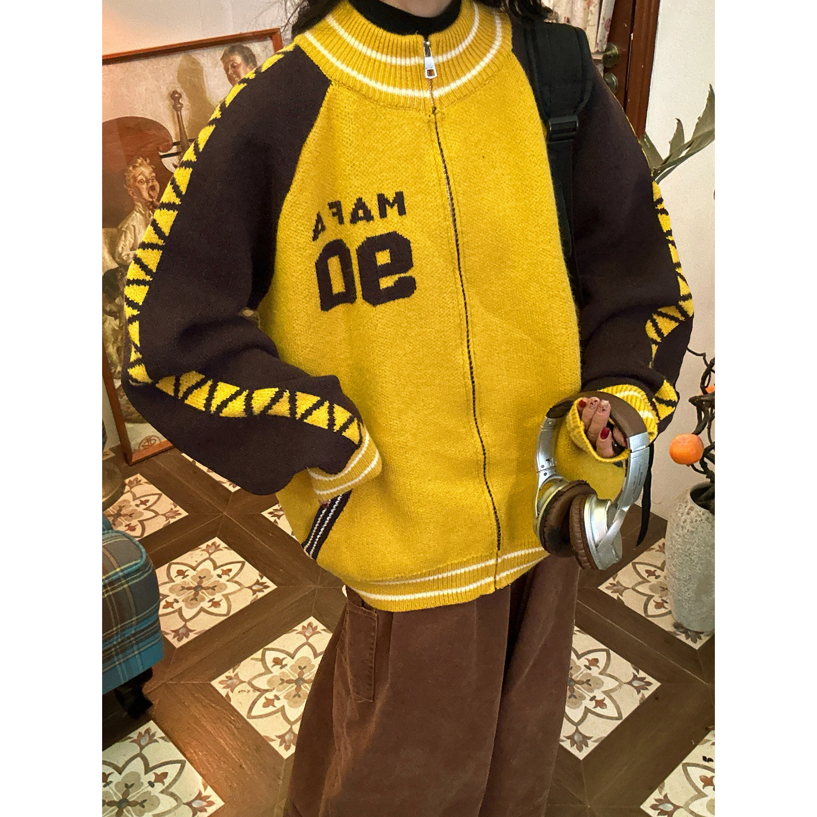 C2自制/美式复古棒球服毛衣外套女秋季新款宽松插肩袖针织开衫潮