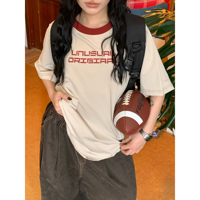 C2自制/美式字母印花短袖T恤男女同款圆领撞色领宽松bf风百搭上衣