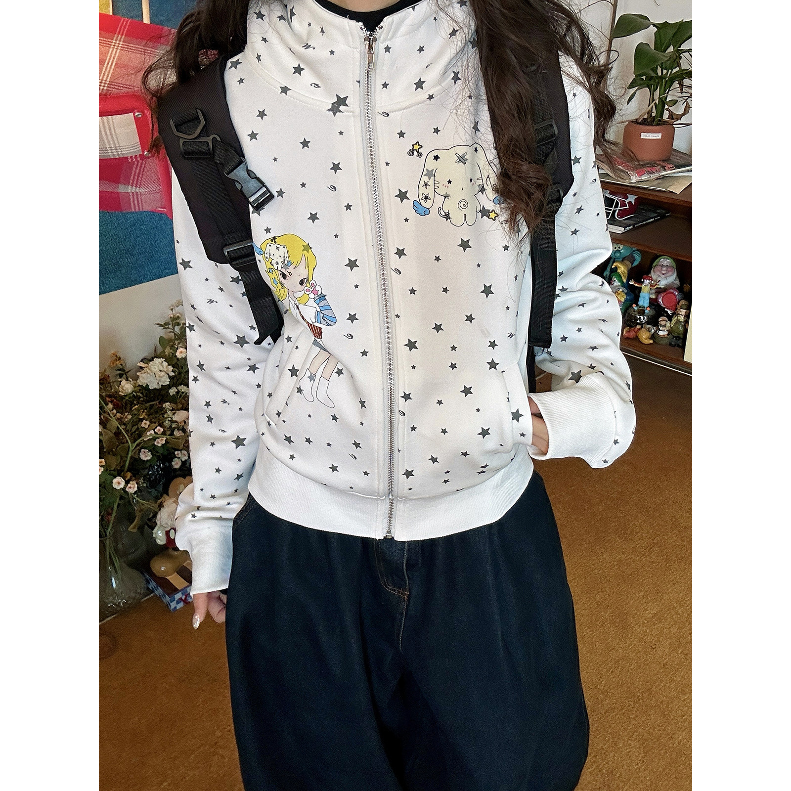 【新品买二送一】美式复古星星卡通连帽开衫卫衣女轻亚风百搭外套,女装/女士精品,卫衣/绒衫,淘宝优惠券,粉丝福利购,淘宝优惠卷