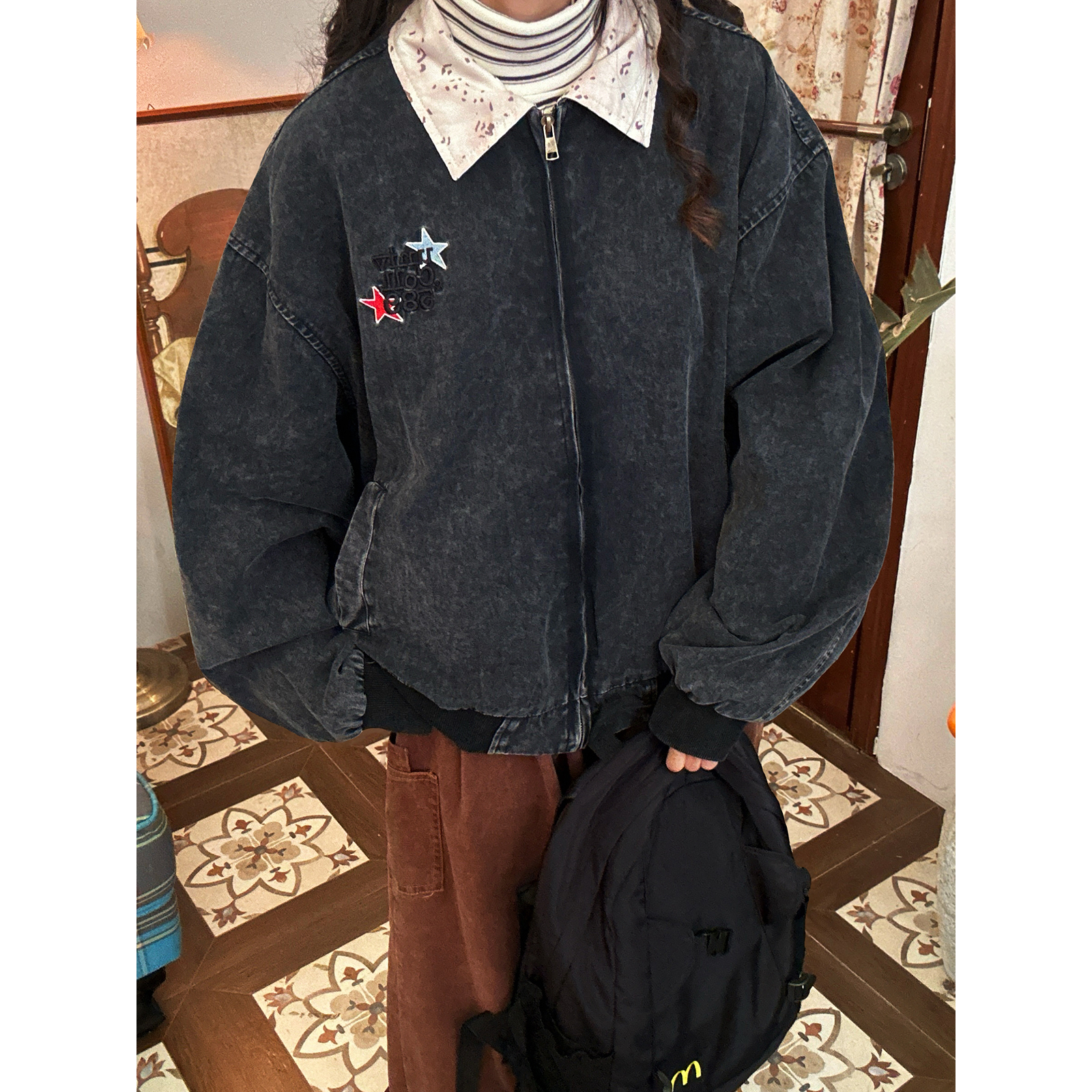 C2自制/复古刺绣星星撞色翻领做旧外套女设计感宽松水洗牛仔夹克