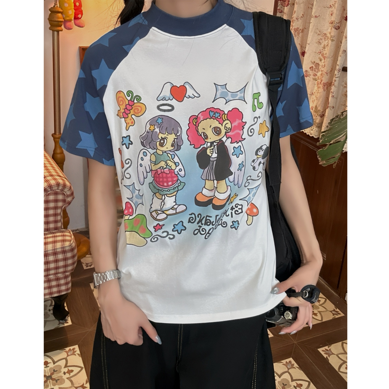 C2自制/美式复古卡通星星印花插肩袖T恤女夏季宽松慵懒风减龄上衣