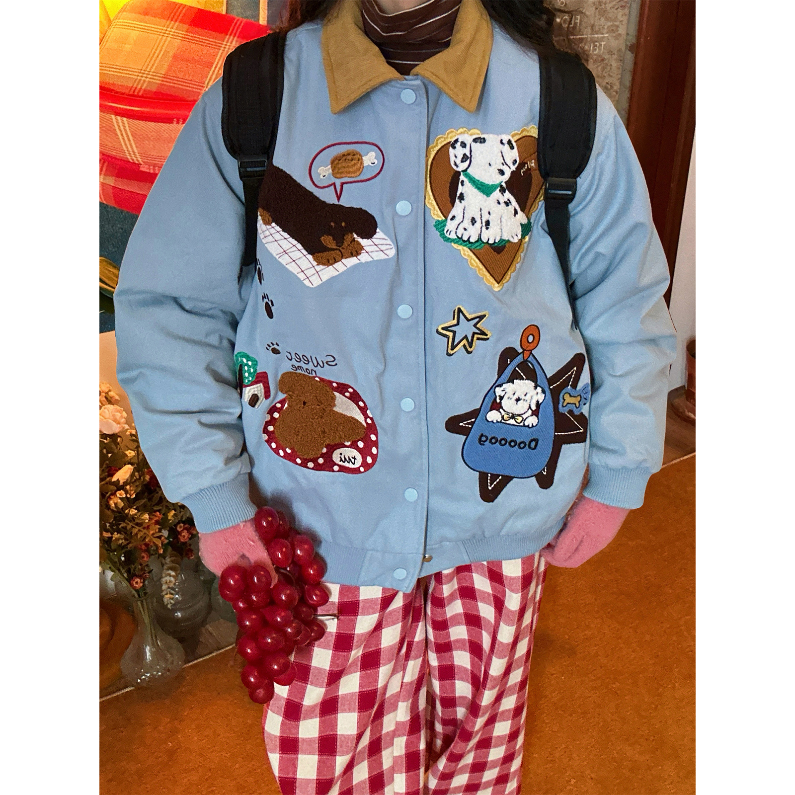 C2自制/秋冬新款可爱小狗贴布绣翻领棉服男女宽松加厚保暖外套潮