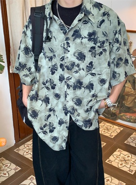 C2原创/美式复古宽松潮牌vintage绿色休闲港风短袖花衬衫上衣