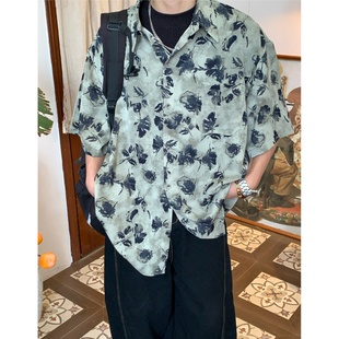 花衬衫 复古宽松潮牌vintage绿色休闲港风短袖 上衣 美式 C2原创