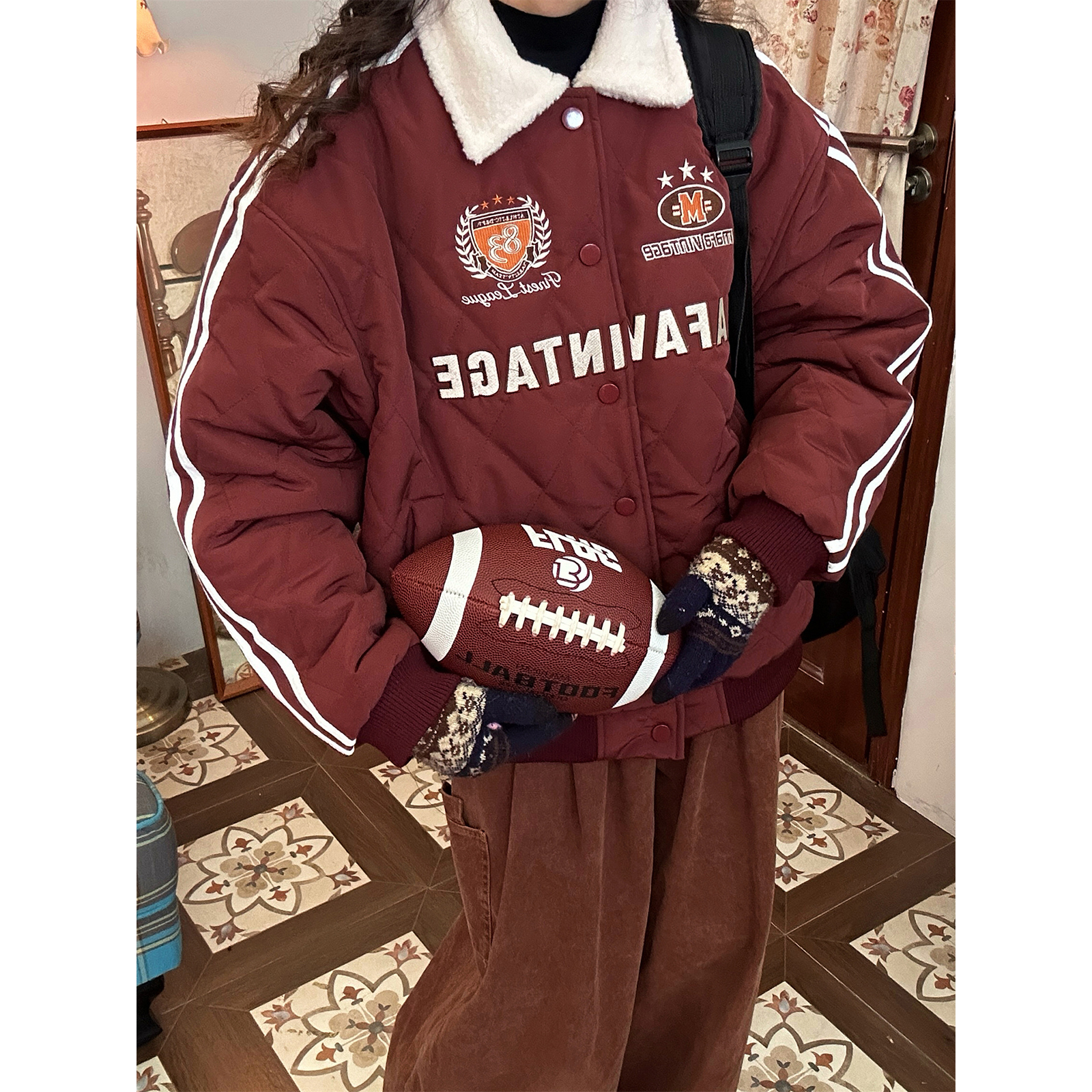 C2自制/美式复古风字母刺绣菱形格棉服男女同款夹克秋冬工装外套