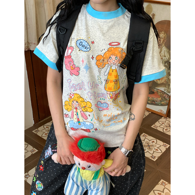 C2自制/卡通可爱风短袖T恤男女同款宽松圆领印花套头撞色上衣夏季