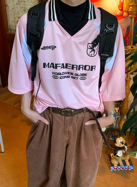 C2自制/美式复古撞色字母印花短袖T恤男女同款V领机车风百搭上衣