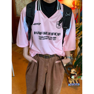 T恤男女同款 复古撞色字母印花短袖 V领机车风百搭上衣 美式 C2自制