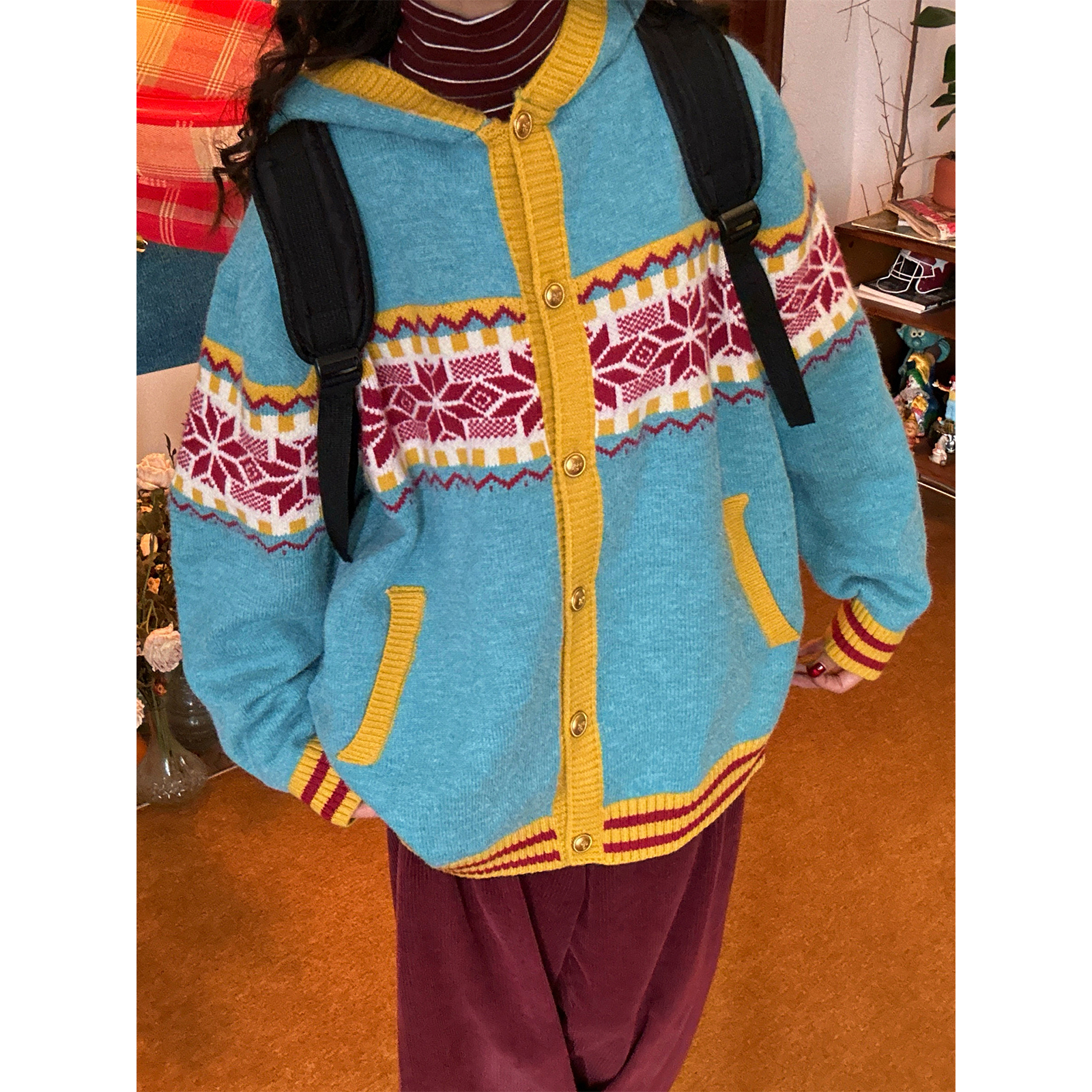 C2自制/撞色复古提花针织开衫男女秋冬新款宽松慵懒风毛衣外套潮