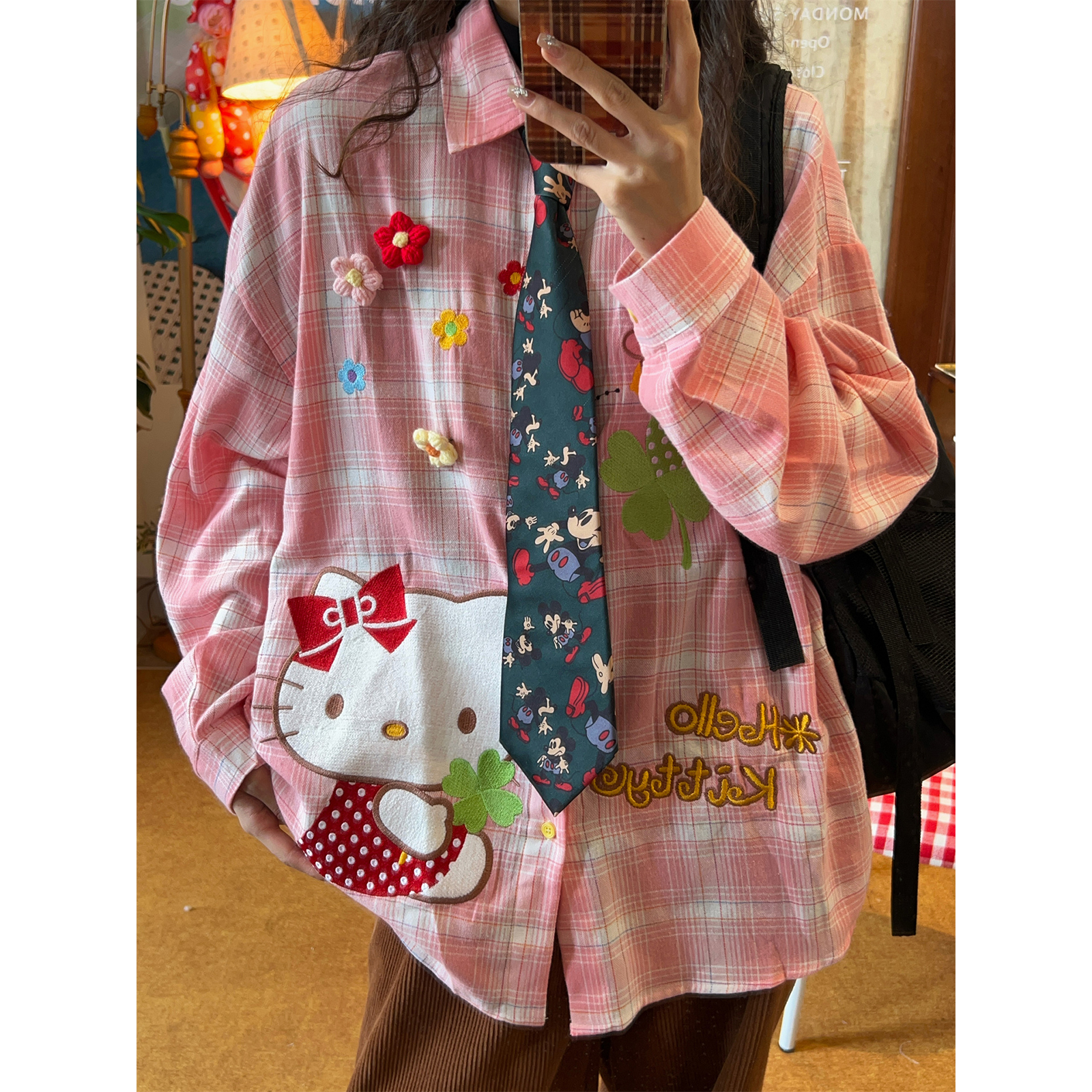 C2自制/设计感小众复古kitty卡通印花格子衬衫男女秋宽松百搭上衣