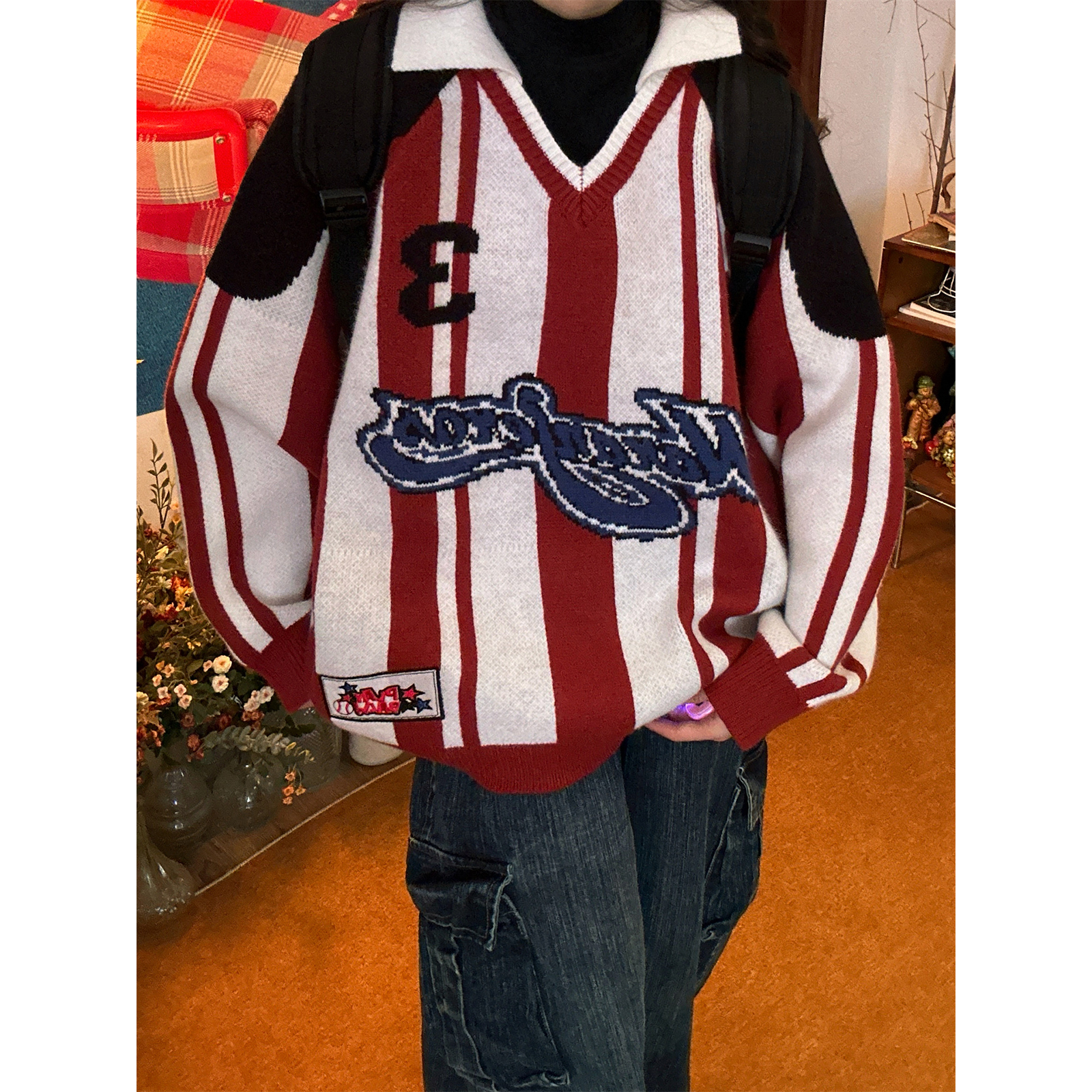 C2自制/复古撞色条纹v领毛衣男女同款秋冬新款宽松翻领套头针织衫