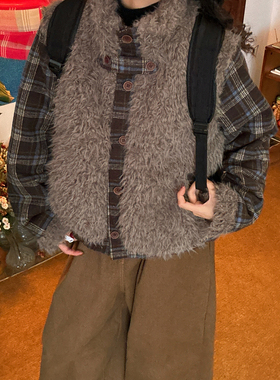 C2自制 /复古格子拼接羊羔毛外套女冬季新款加厚保暖宽松百搭棉服