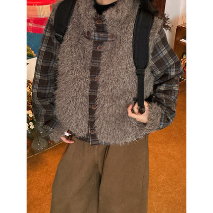 C2自制 /复古格子拼接羊羔毛外套女冬季新款加厚保暖宽松百搭棉服