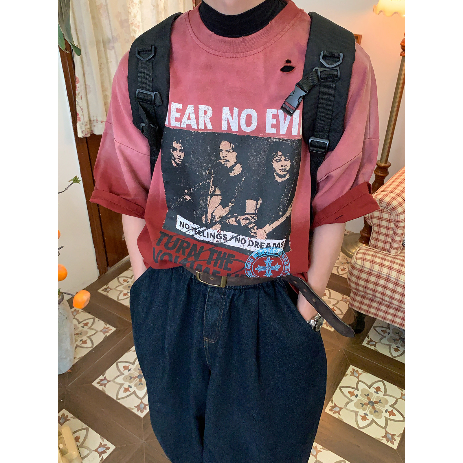 C2自制/美式复古摇滚乐队印花短袖T恤男女bf风渐变做旧破洞上衣潮