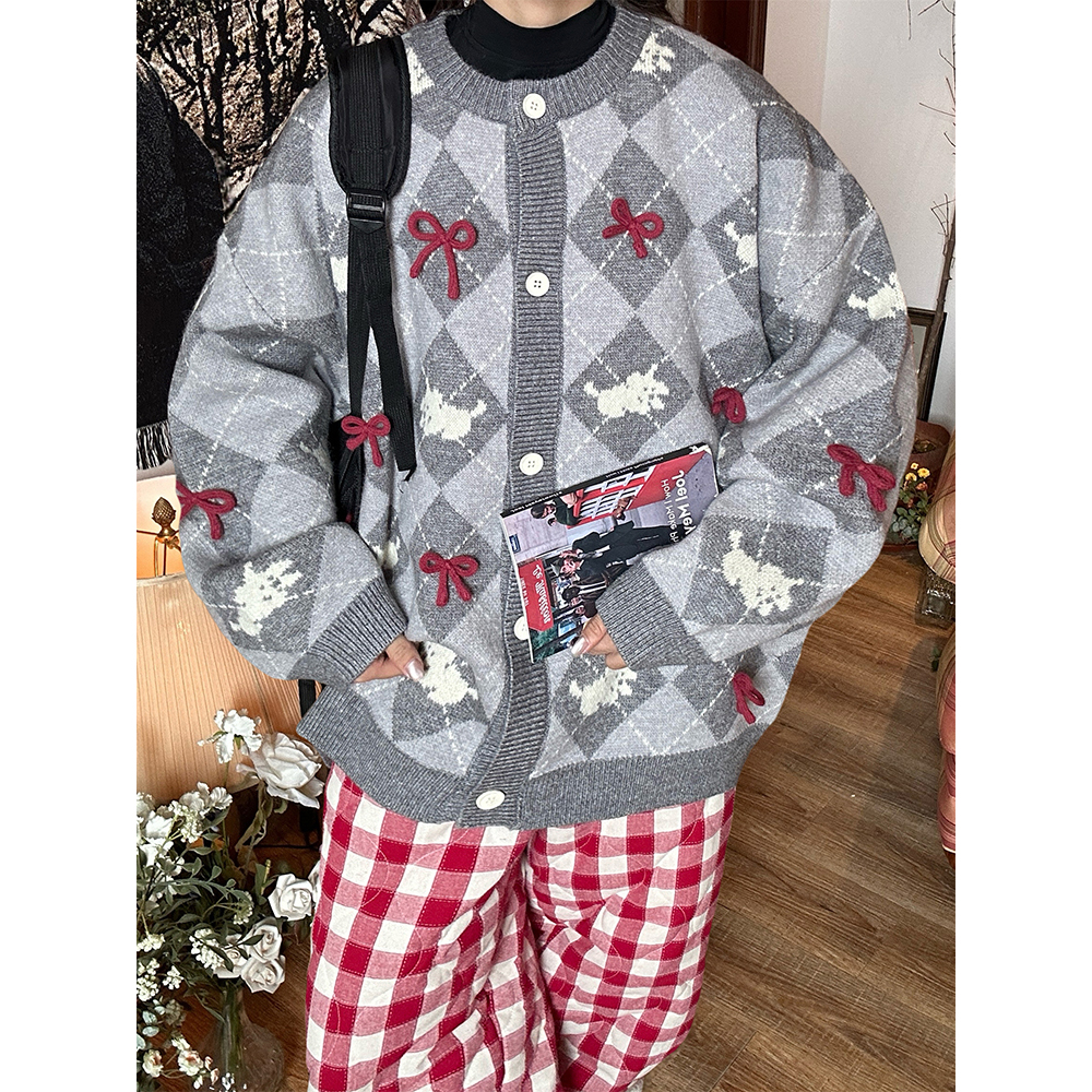 蝴蝶结菱格灰色毛衣开衫