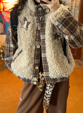 C2自制/格子拼接羊羔毛外套女加厚保暖宽松皮毛一体棉服冬季新款