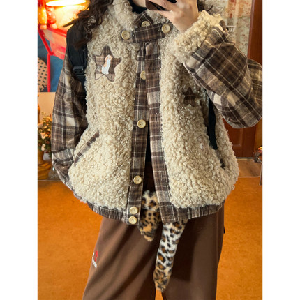 C2自制/格子拼接羊羔毛外套女加厚保暖宽松皮毛一体棉服冬季新款