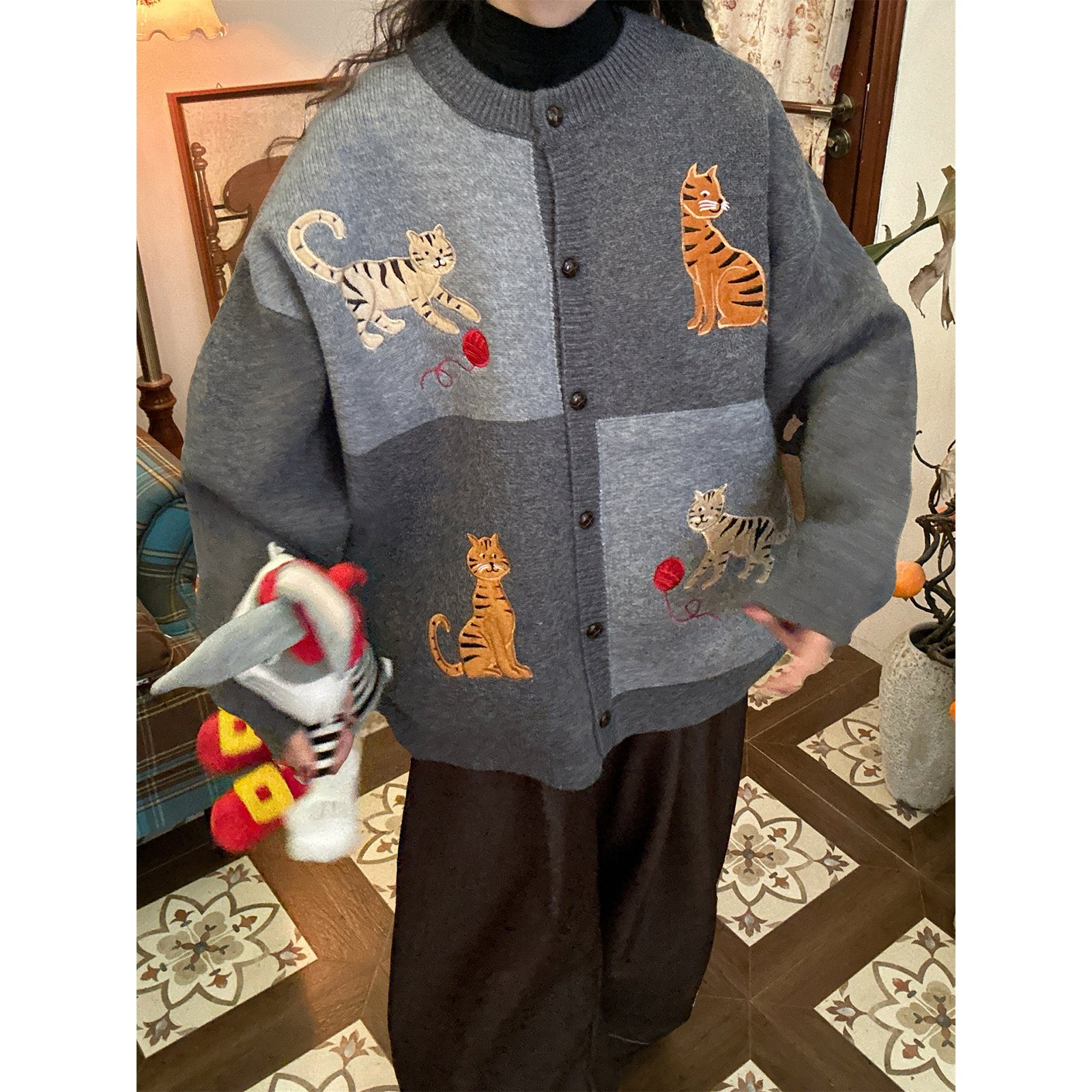 C2自制/趣味卡通猫咪提花针织开衫男女同款秋冬新款宽松毛衣外套