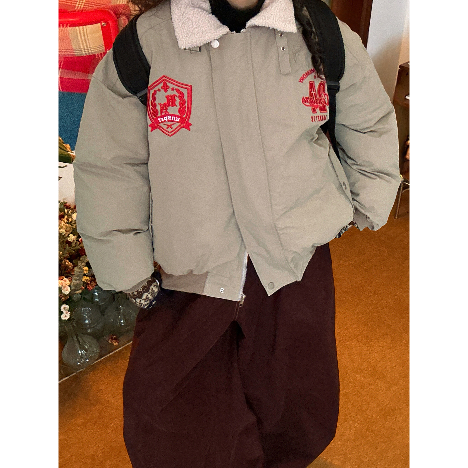 C2自制 /美式学院风徽章刺绣翻领棉服男女同款宽松外套冬季新款