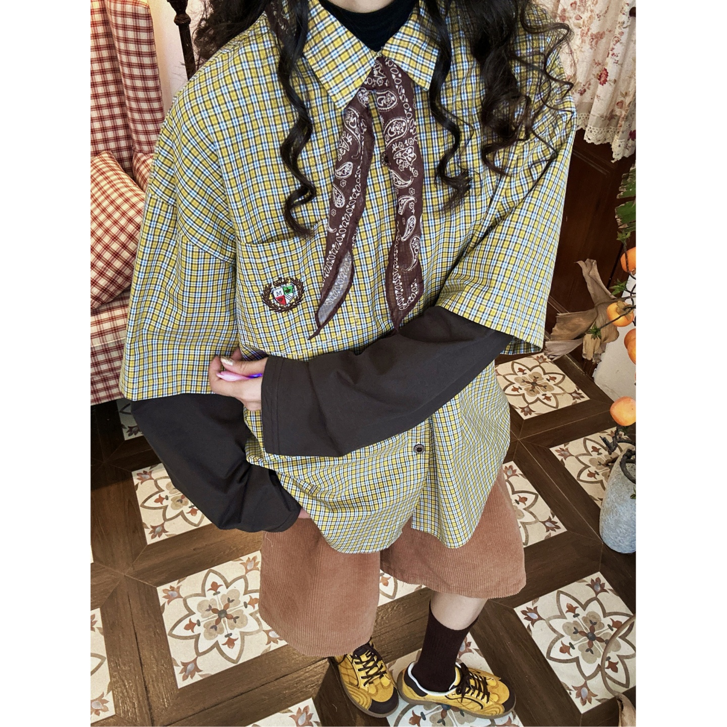 C2自制/美式复古格子刺绣字母长假两件衬衫男女同款宽松休闲上衣