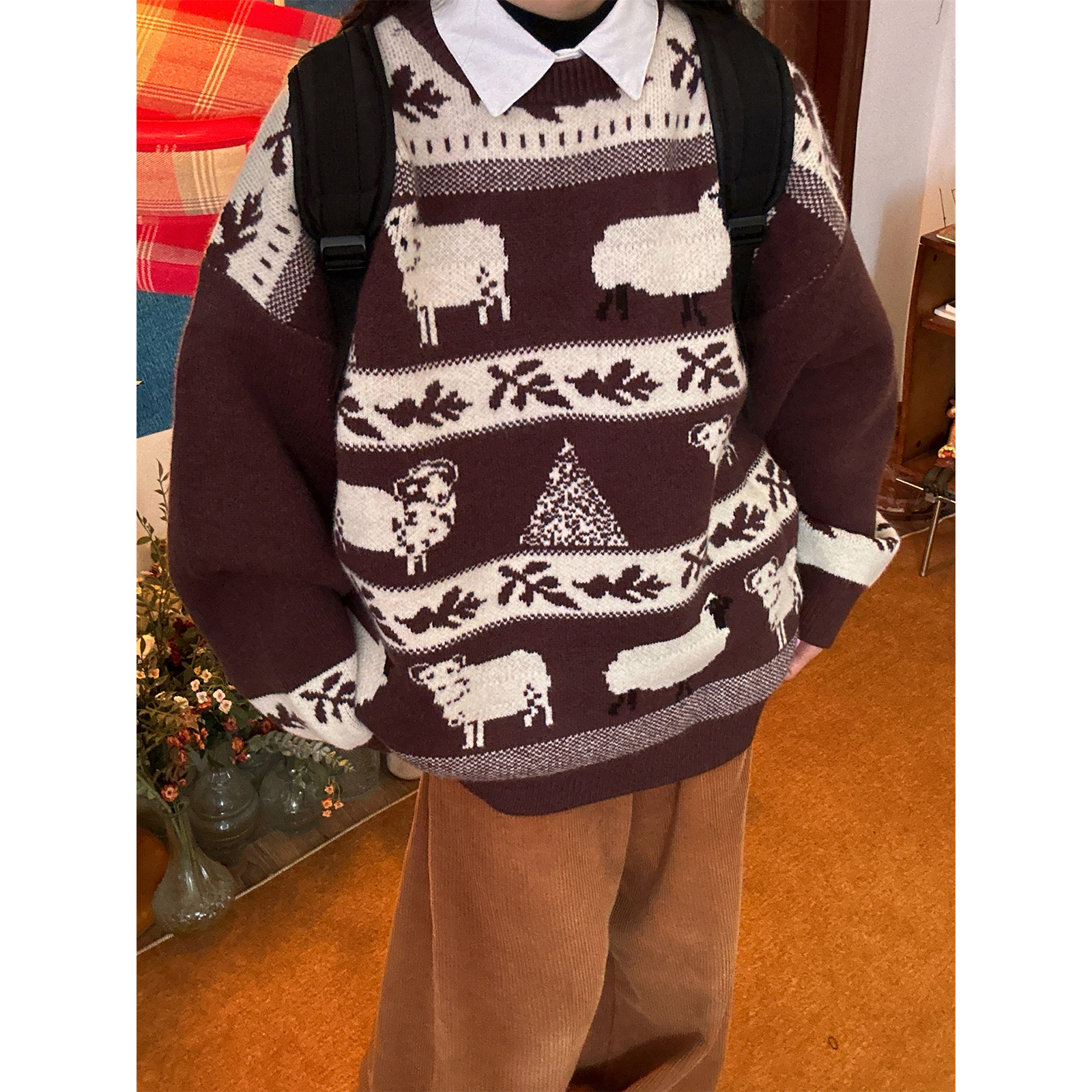 C2自制/美式复古绵羊提花毛衣男女同款秋冬季慵懒宽松情侣针织衫