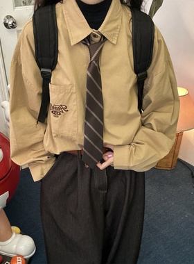 C2自制/美式复古字母刺绣翻领衬衫百搭领带衬衣外套学院秋冬新款