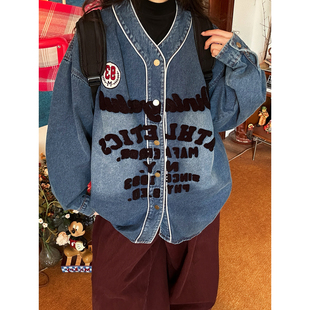 C2自制/美式复古字母绣花牛仔外套男女同款百搭宽松bf风长袖上衣