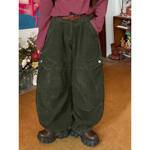 风灯芯绒多口袋阔腿裤 工装 女春季 新款 C2自制 宽松廓形弯刀裤 美式