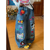 美式 长裤 卡通贴布牛仔长裤 秋刺绣印花阔腿直筒裤 男女同款 C2自制