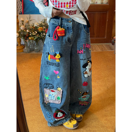 C2自制/美式卡通贴布牛仔长裤男女同款秋刺绣印花阔腿直筒裤长裤