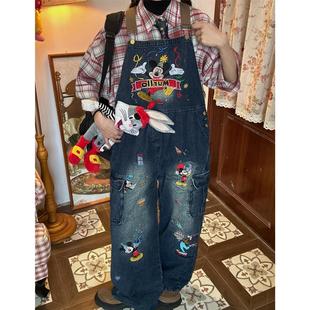 男女卡通重工刺绣水洗牛仔阔腿背带裤 复古米奇连体裤 美式 C2自制