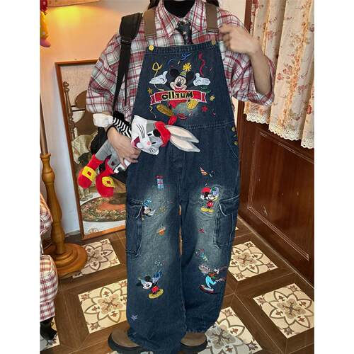 C2自制/美式复古米奇连体裤男女卡通重工刺绣水洗牛仔阔腿背带裤