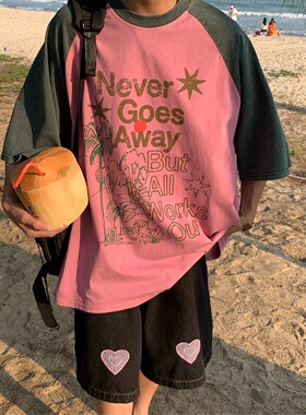 C2自制/美式复古撞色插肩袖短袖T恤女椰子树做旧水洗宽松潮牌上衣