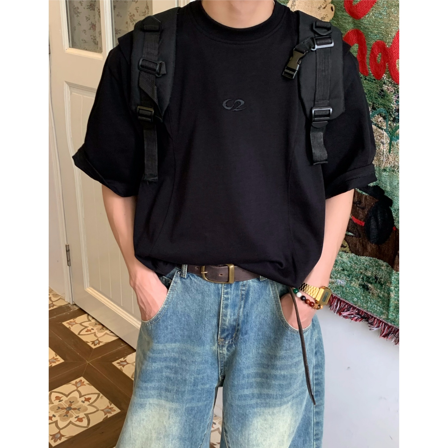 C2自制/美式复古解构纯色圆领短袖T恤男女夏季简约百搭正肩上衣潮