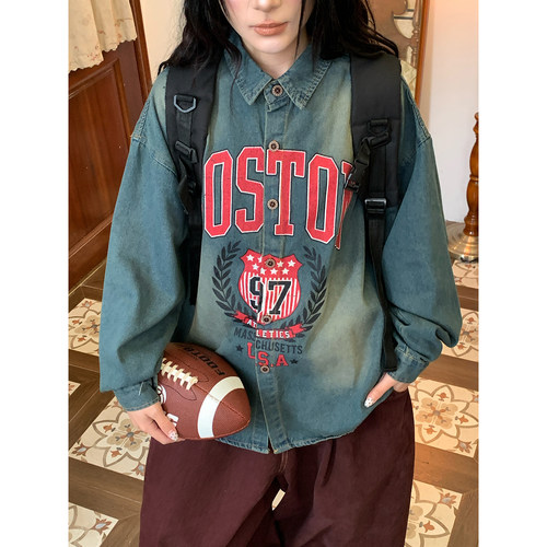 C2自制/美式复古风字母印花牛仔衬衫男女秋宽松做旧感街头风上衣