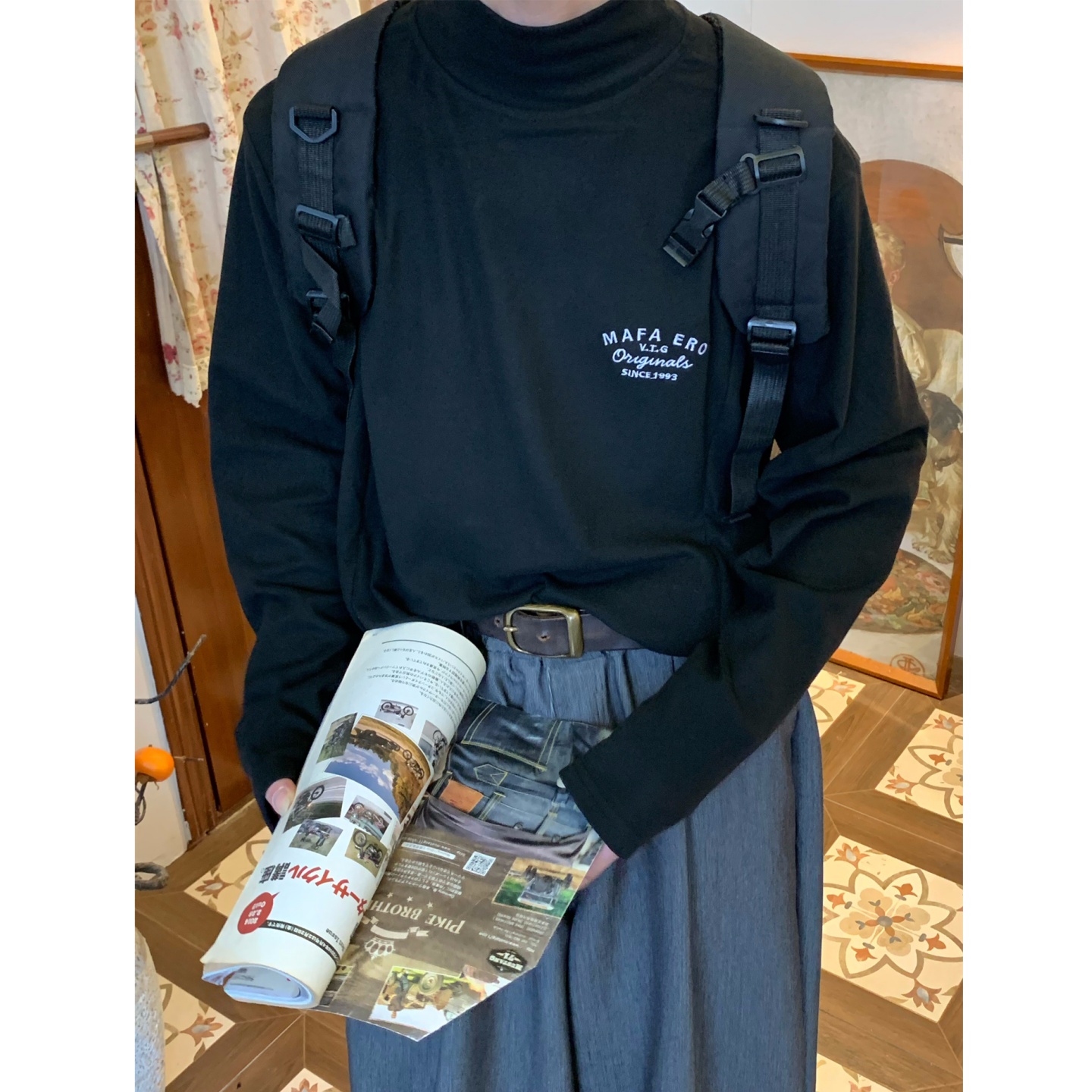 C2自制/美式复古男女同款高领德绒保暖打底衫情侣修身纯色百搭T恤