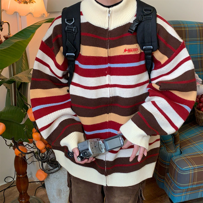 秋冬撞色条纹开衫毛衣