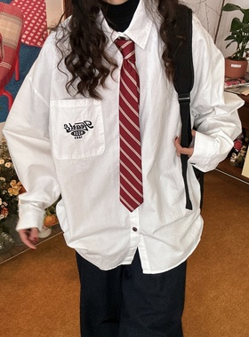 C2自制/美式学院刺绣字母翻领衬衫宽松休闲百搭领带衬衣男女同款