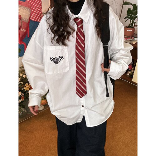 C2自制/美式学院刺绣字母翻领衬衫宽松休闲百搭领带衬衣男女同款