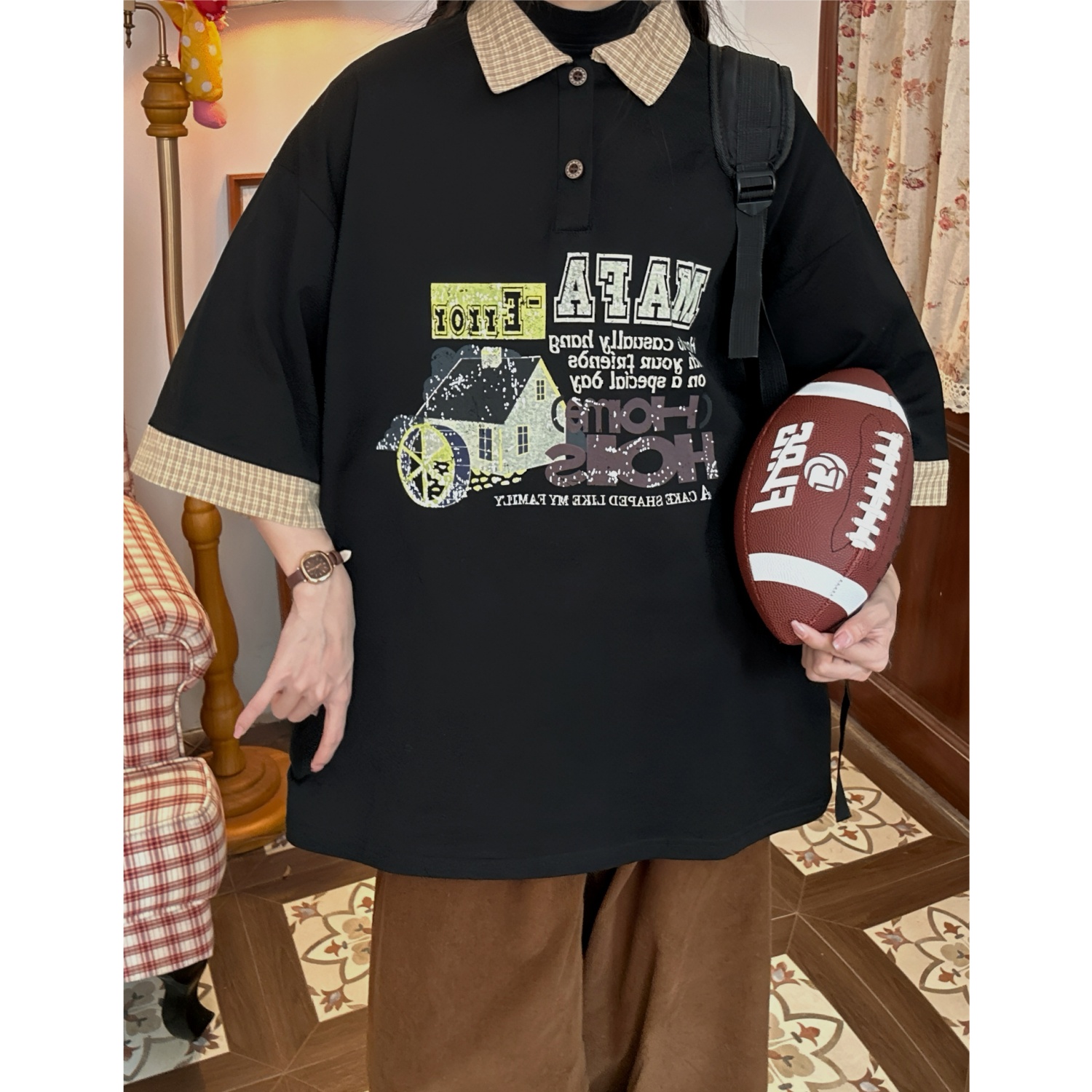 C2自制/美式复古趣味卡通拼色假两件短袖衬衫女夏季情侣翻领上衣