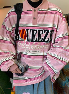 C2自制/polo领卫衣女美式复古扎染渐变条纹翻领秋季长袖运动上衣