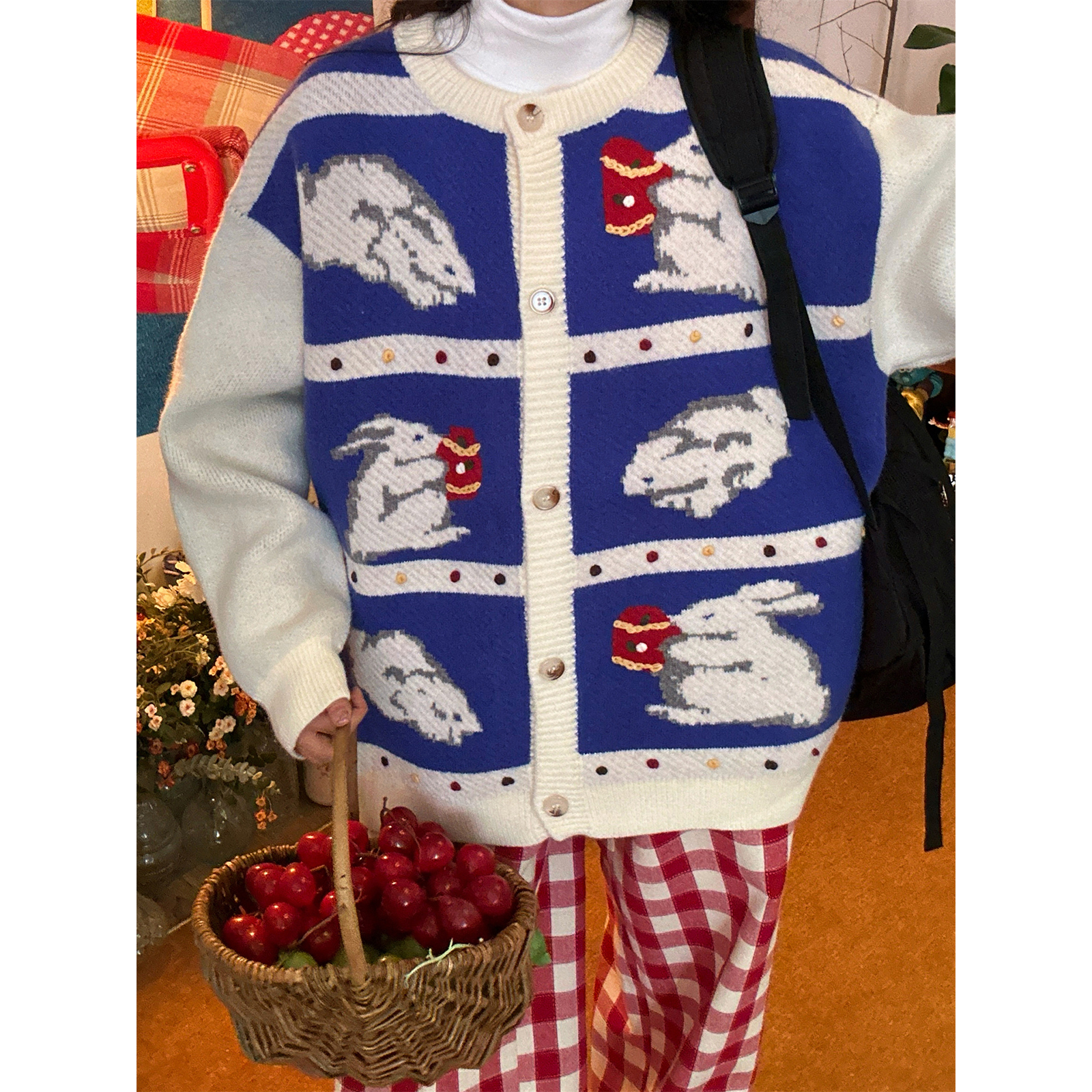 C2自制/复古卡通兔子开衫毛衣外套秋冬款男女同款休闲百搭针织衫