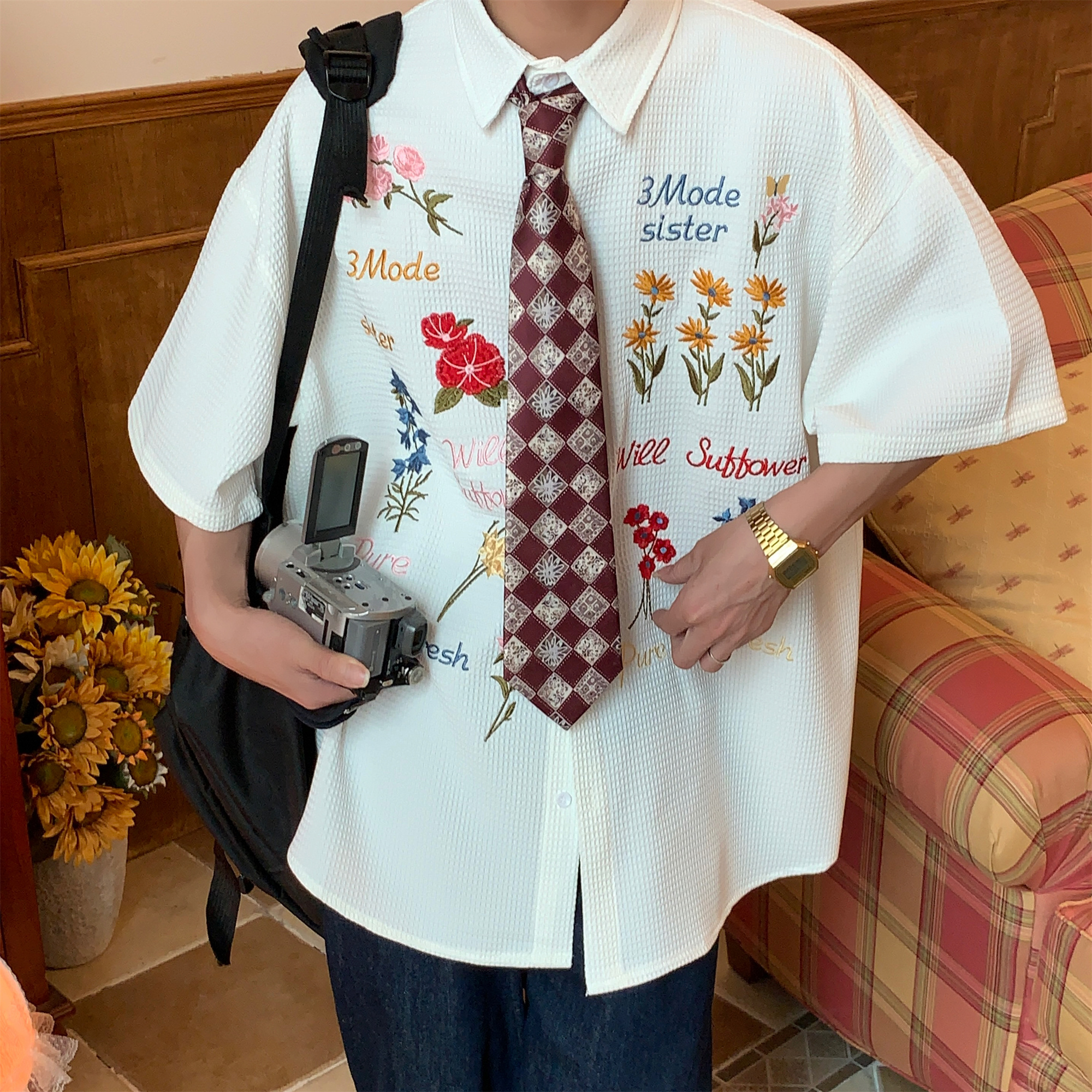 C2自制宽松日系多巴胺短袖华夫格