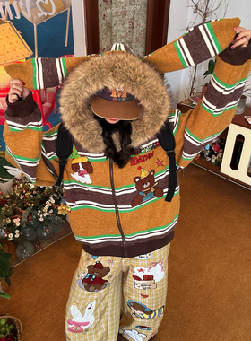 C2自制/复古条纹连帽毛衣男女卡通小熊毛领宽松加绒外套秋冬新款