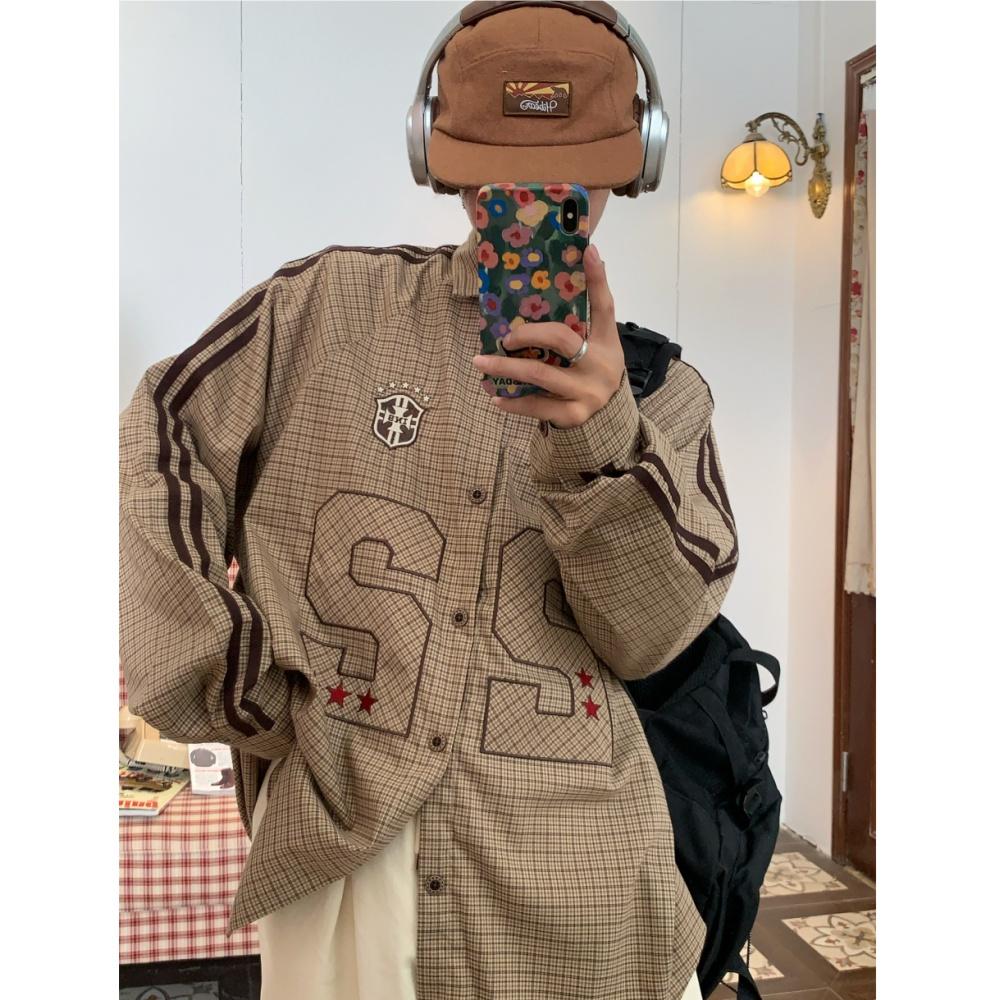 C2自制/春装美式复古格子长袖衬衫男女学院风宽松休闲衬衣外套潮