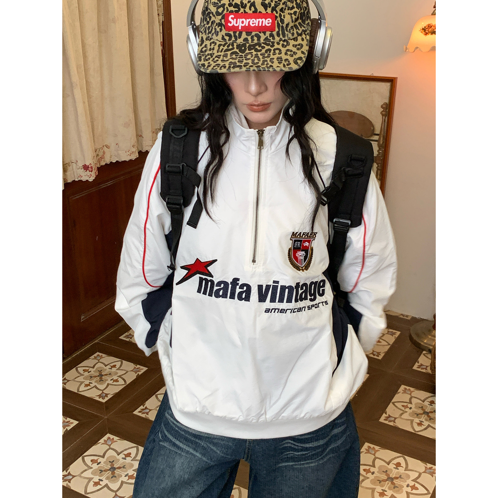 C2自制/美式复古运动风半拉链卫衣男女撞色字母印花宽松百搭上衣