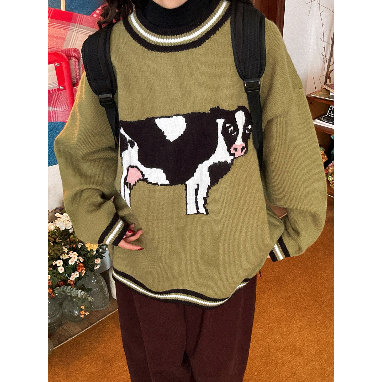 C2自制/美式复古奶牛提花圆领毛衣男女同款秋冬宽松套头针织衫潮