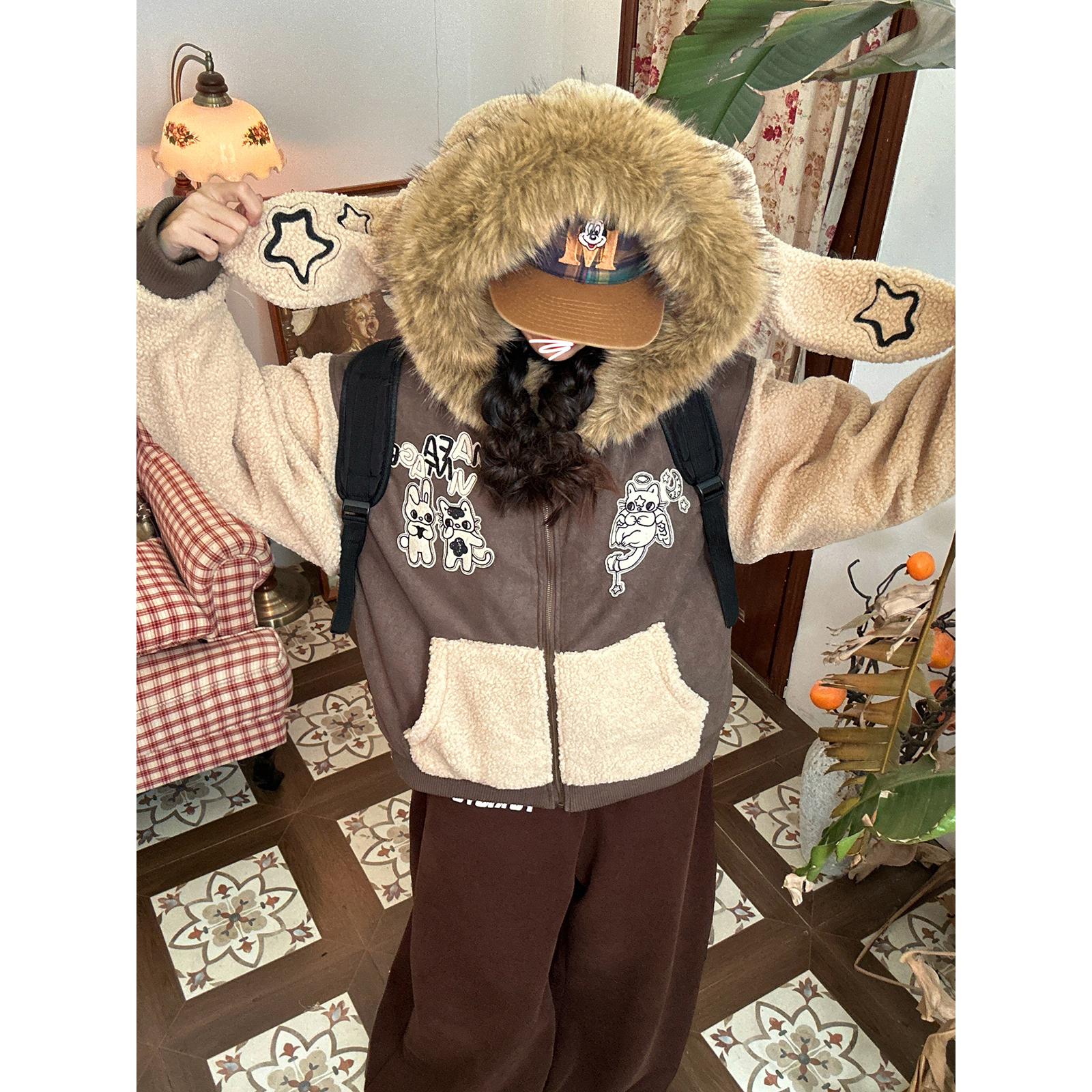 【新品买二送一】拼接羊羔毛兔耳朵连帽棉服男女冬款毛领夹棉外套